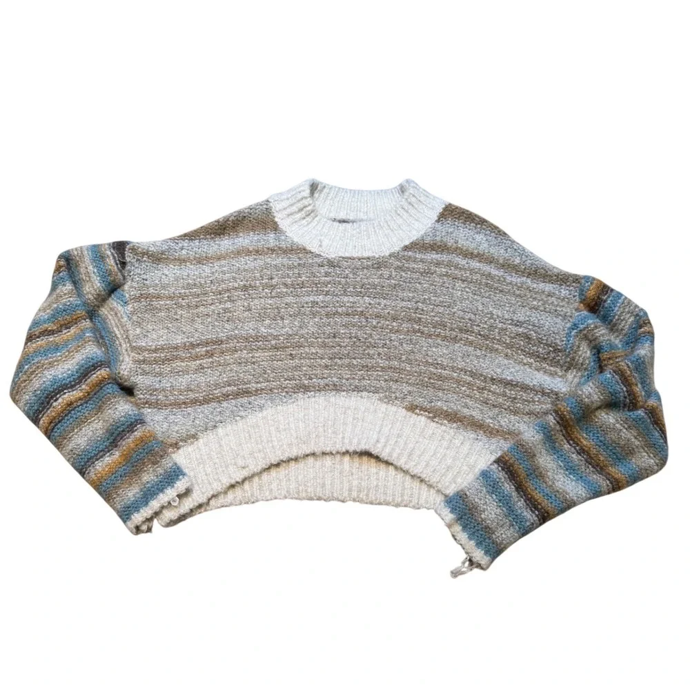 Urban Outfitters Cropped‎ Chunky Knit Sweater Striped Neutral Blue Boho Size s